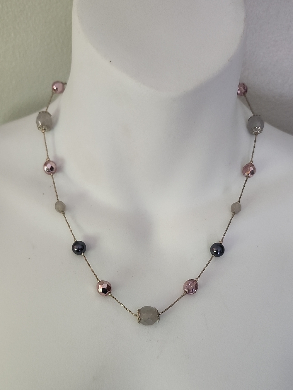 Vtg Korea Delicate Beaded Station Necklace - Pink, Gray, Black